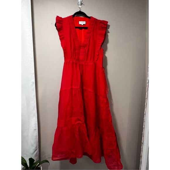 La Ligne Women's Red Marta Ruched Tiered Cotton Midi Dress Large NWOT - Picture 4 of 10